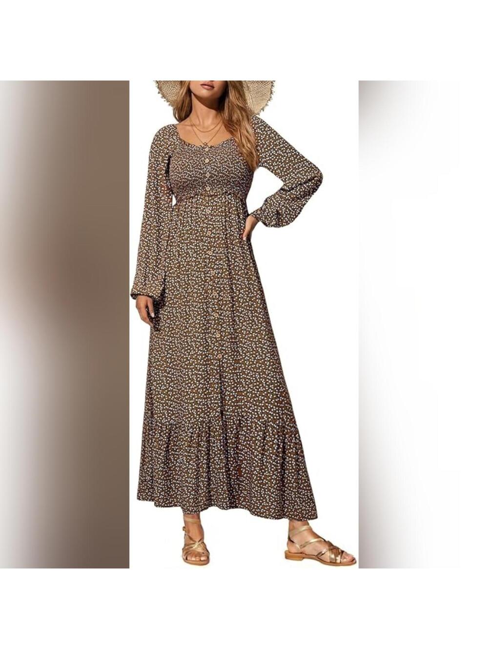 Dokotoo Boho Floral Smocked Empire Waist Square Neck Maxi Dress, Medium